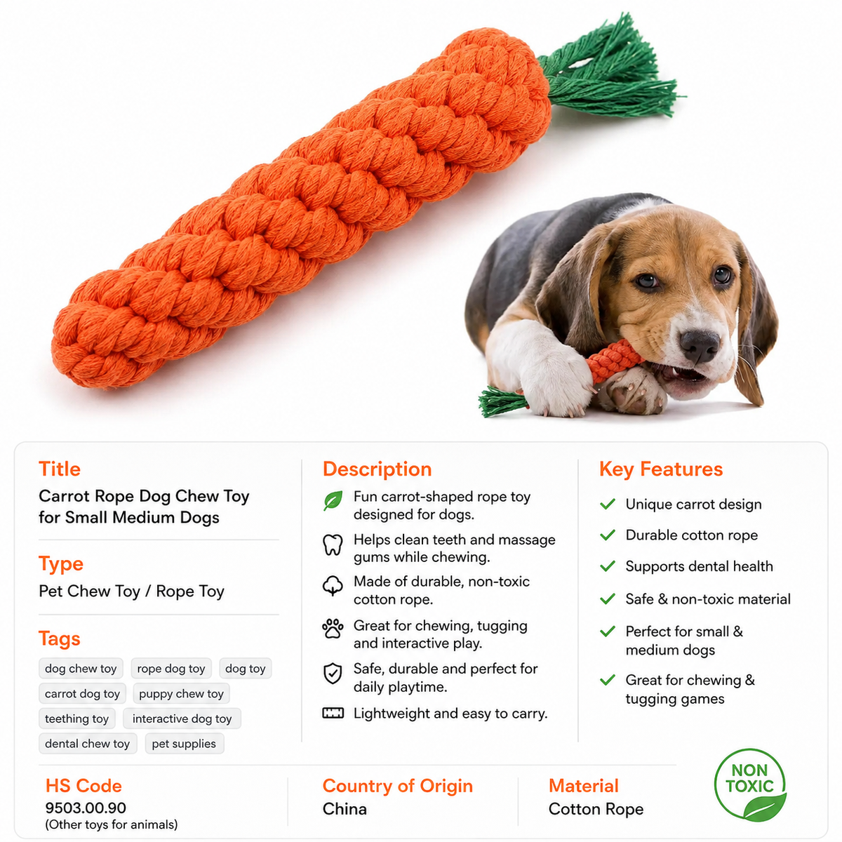 Carrot Rope Dog Chew Toy – Durable Braided Cotton Tug & Interactive Puppy Toy