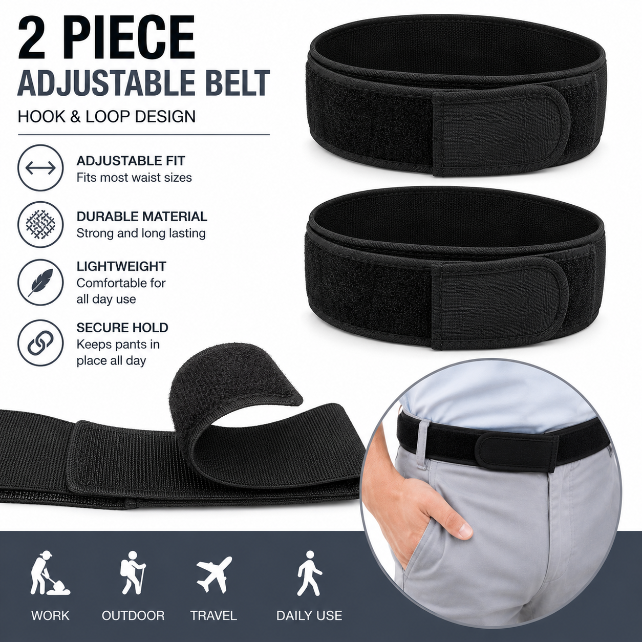 Pack Adjustable Hook & Loop Waist Belt – Elastic Back Support Strap for Work & Outdoor Use