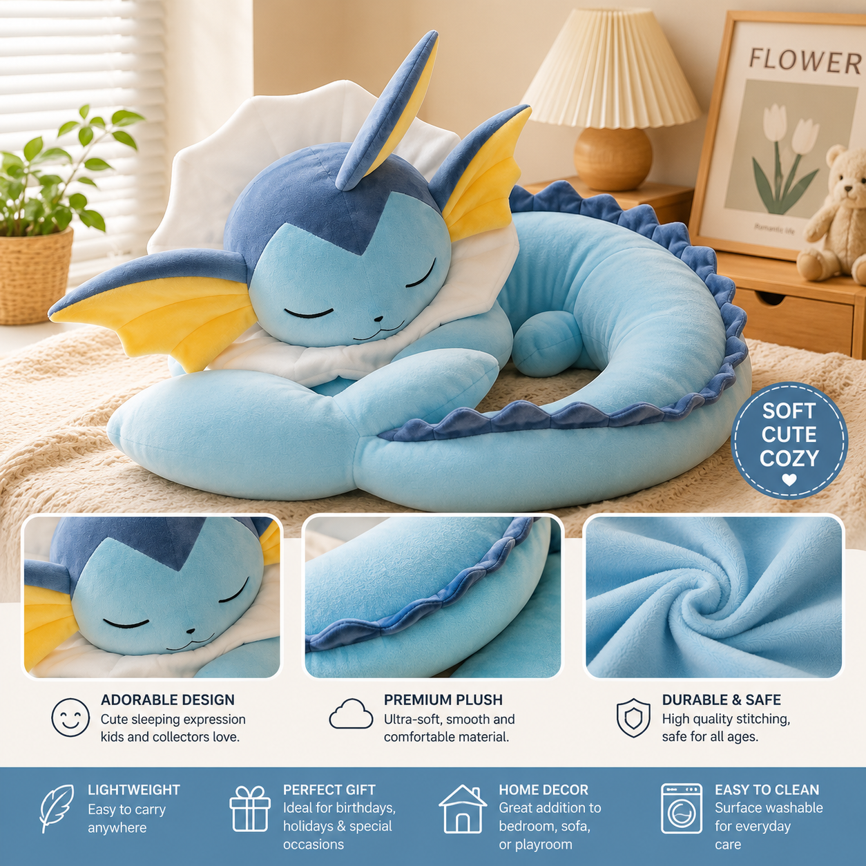 Giant Vaporeon Sleeping Plush - 30 inch Body Pillow Wrap Around - Soft Cuddle To