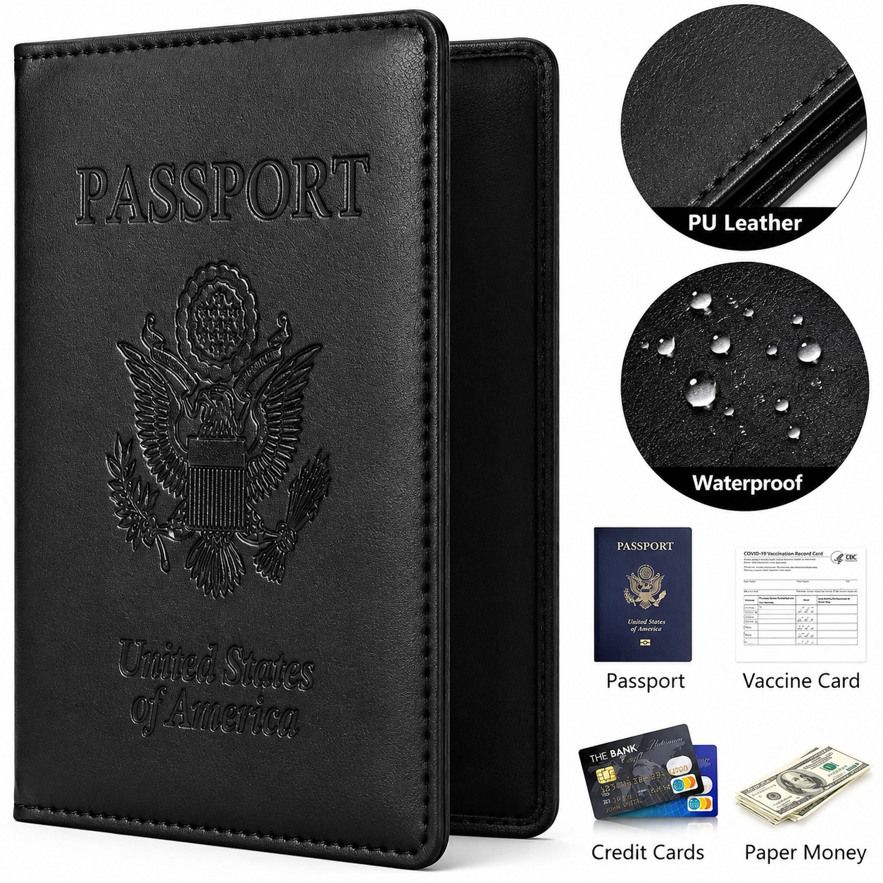 Premium PU Leather Passport Holder & Travel Document Cover – Waterproof Passport Wallet with Card Slots, Black Travel Organizer