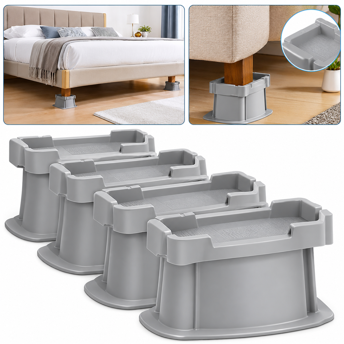 Heavy-Duty Plastic Bed Risers – Furniture Leg Elevators for Extra Height & Storage Space
