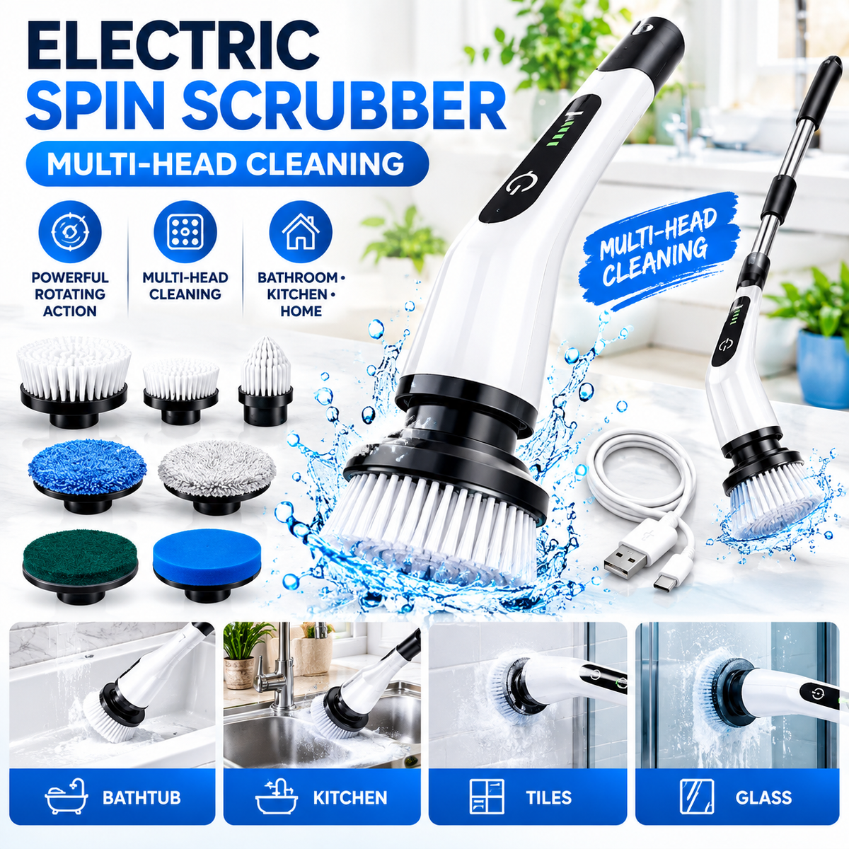 Electric Spin Scrubber Cleaning Brush with Multiple Replaceable Heads – Handheld Power Scrubber for Bathroom, Kitchen, Tub & Home Cleaning
