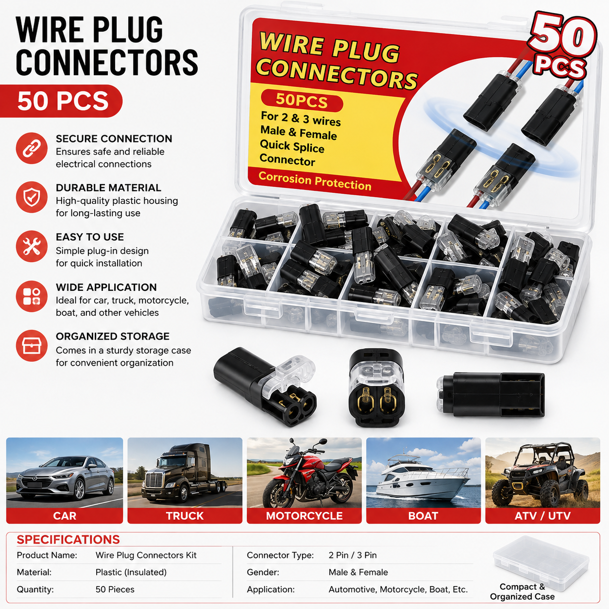 50PCS Automotive Wire Plug Connector Kit – 2 & 3 Pin Male Female Electrical Connectors with Storage Case