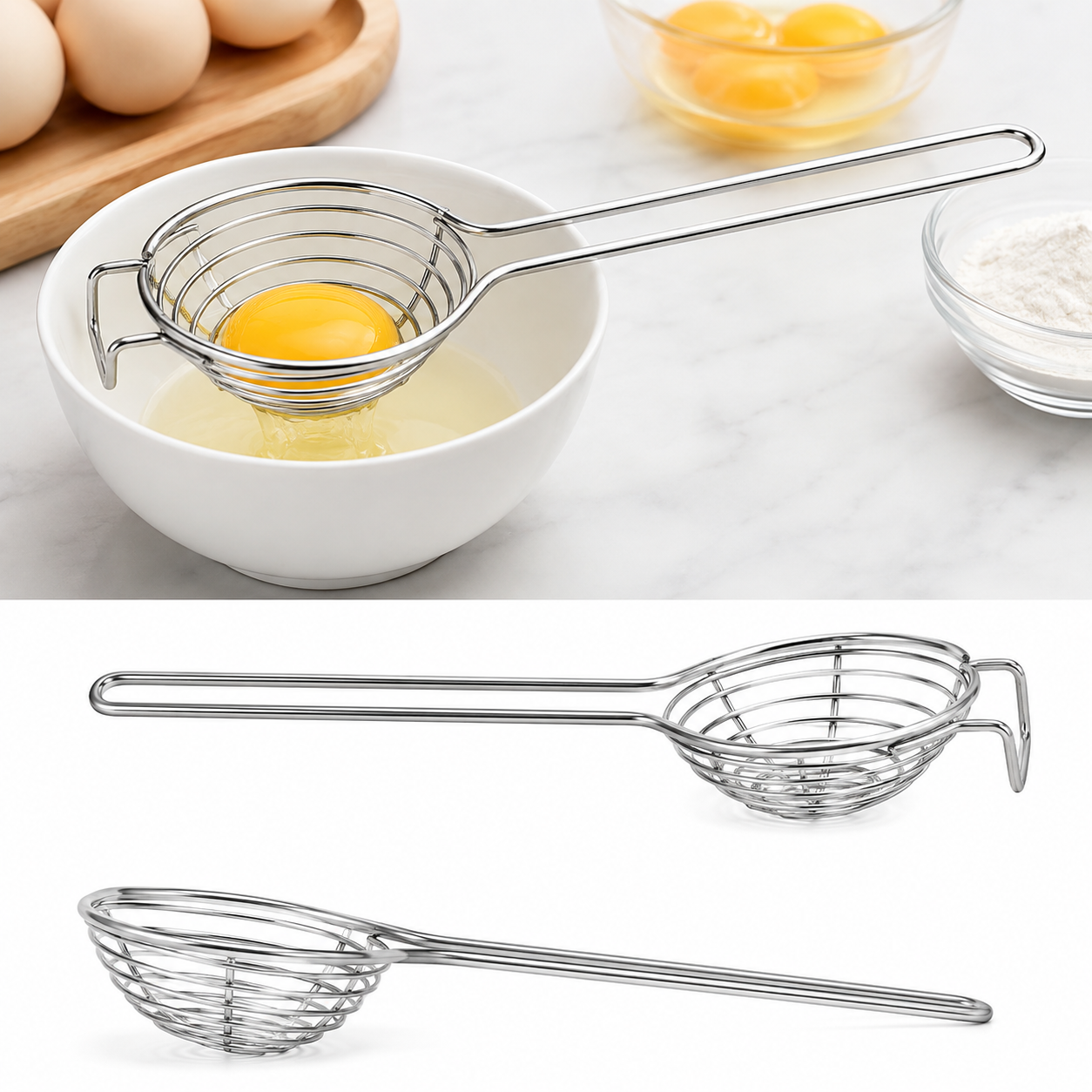 Long Handle Egg Separator – Stainless Steel Egg Yolk & White Strainer for Baking and Cooking