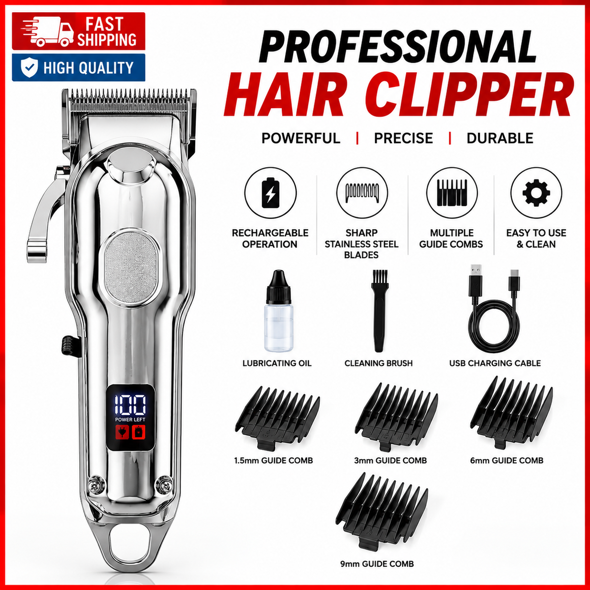 Professional Hair Clipper – Rechargeable Electric Hair Cutting Machine with Guide Combs