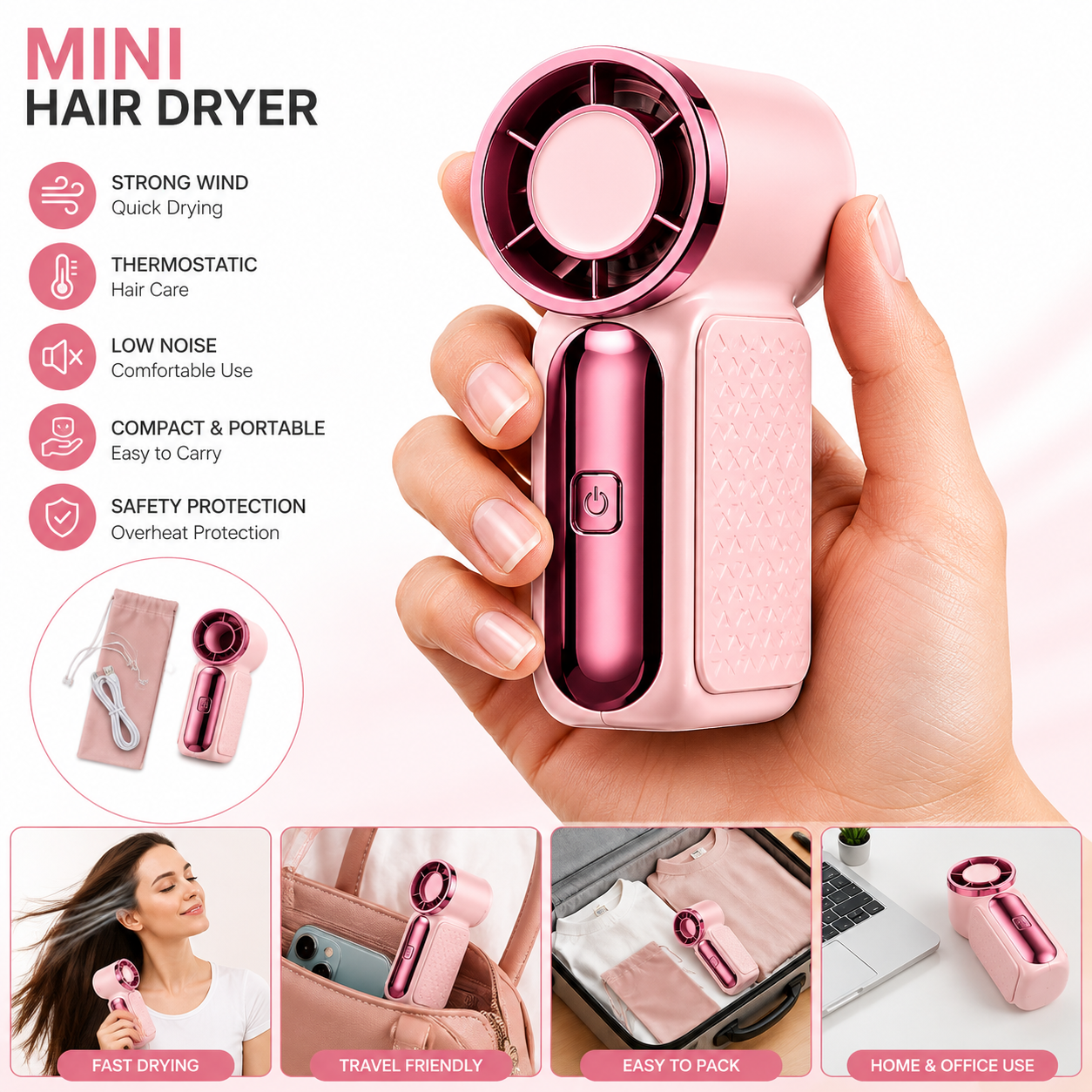 Portable Mini Hair Dryer – Compact Handheld Blow Dryer with Stylish Pink Design for Home, Travel & Everyday Hair Styling