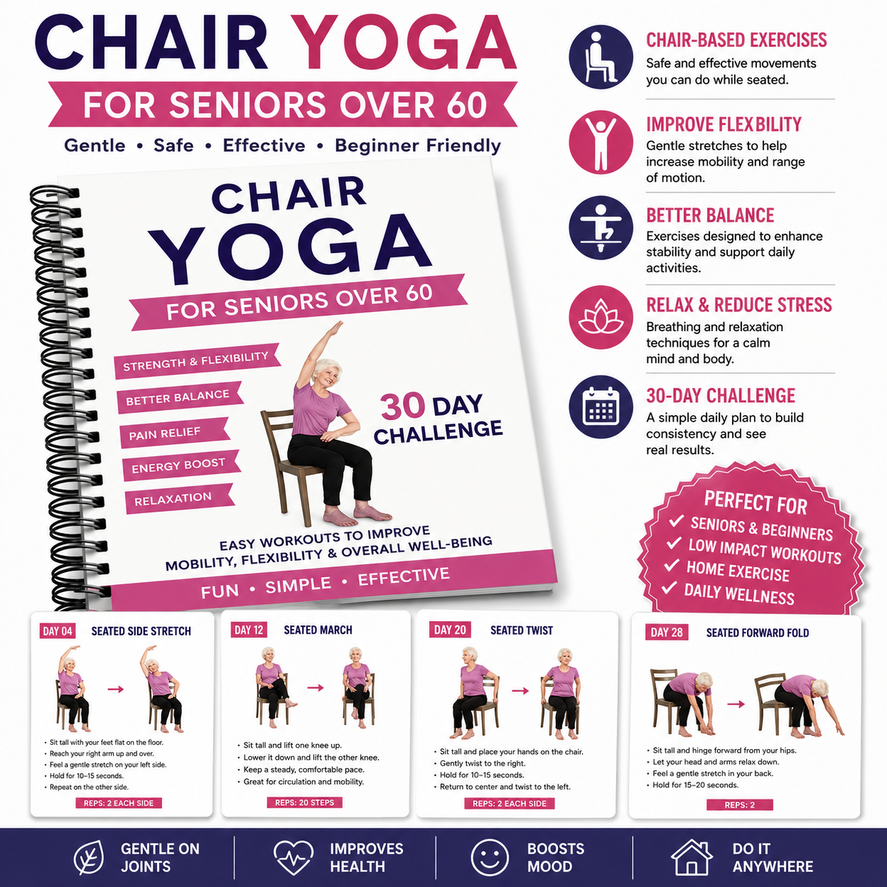 Chair Yoga for Seniors Over 60 – 30-Day Challenge Exercise Guide, Low-Impact Seated Yoga & Daily Fitness Workbook for Beginners