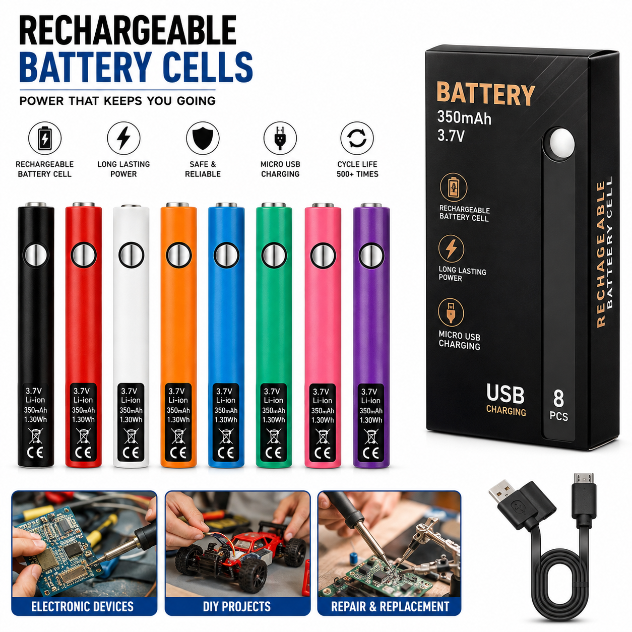 Rechargeable Battery Cells – USB Charging Lithium Battery for Compatible Electronic Devices, Tools & DIY Projects