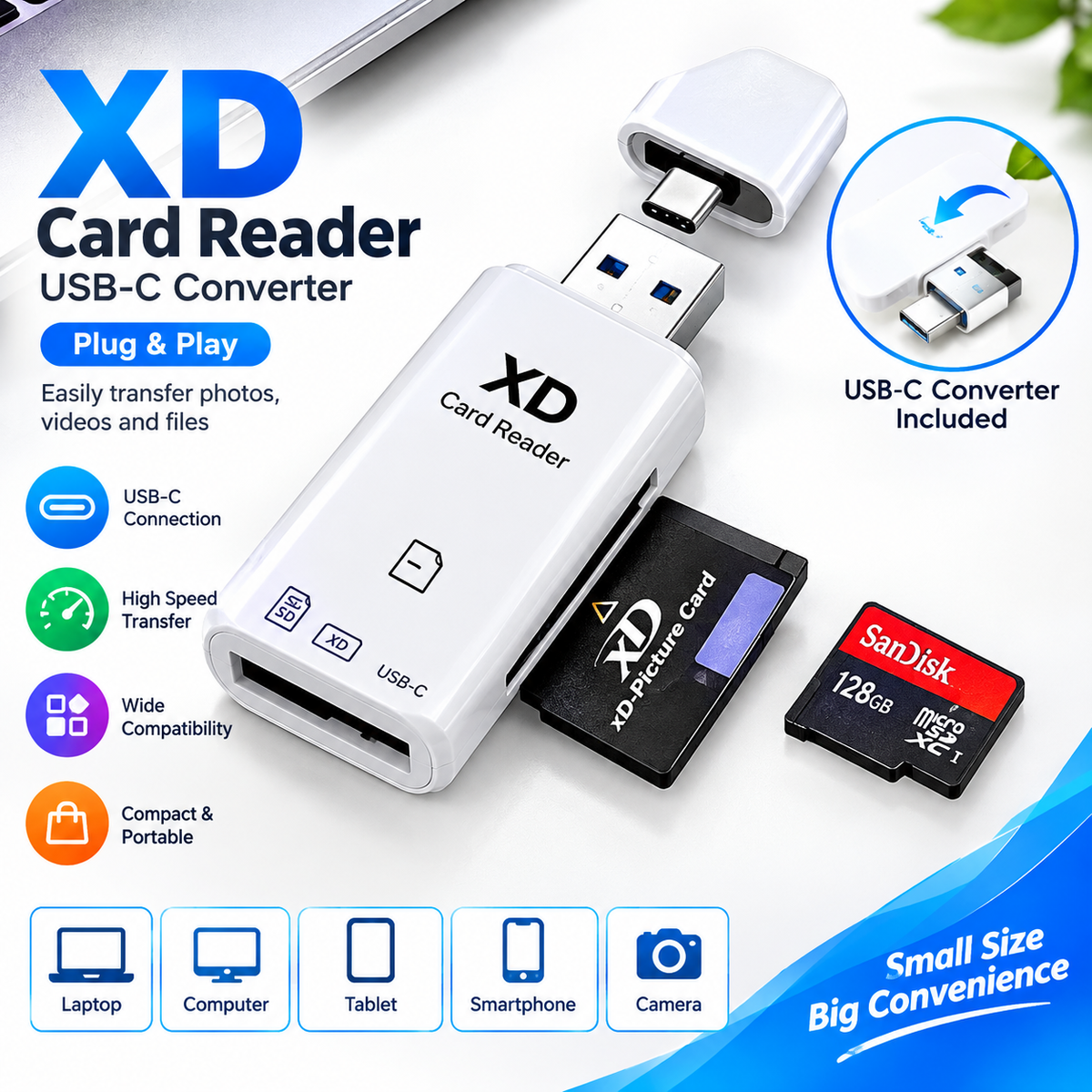 USB-C XD Card Reader with USB-A Converter – Portable Memory Card Reader Adapter for PC, Laptop & USB-C Devices