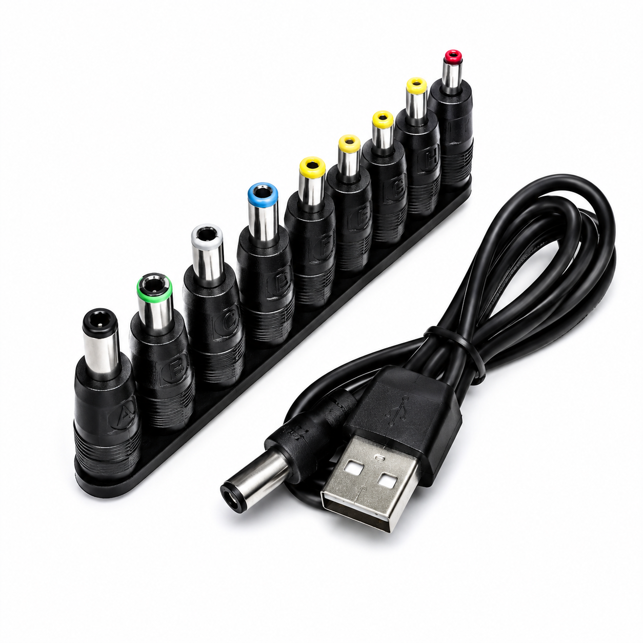 Universal DC Power Adapter Connector Tips Set with USB Cable – Multi-Size Replacement Charging Connectors for Compatible Electronic Devices