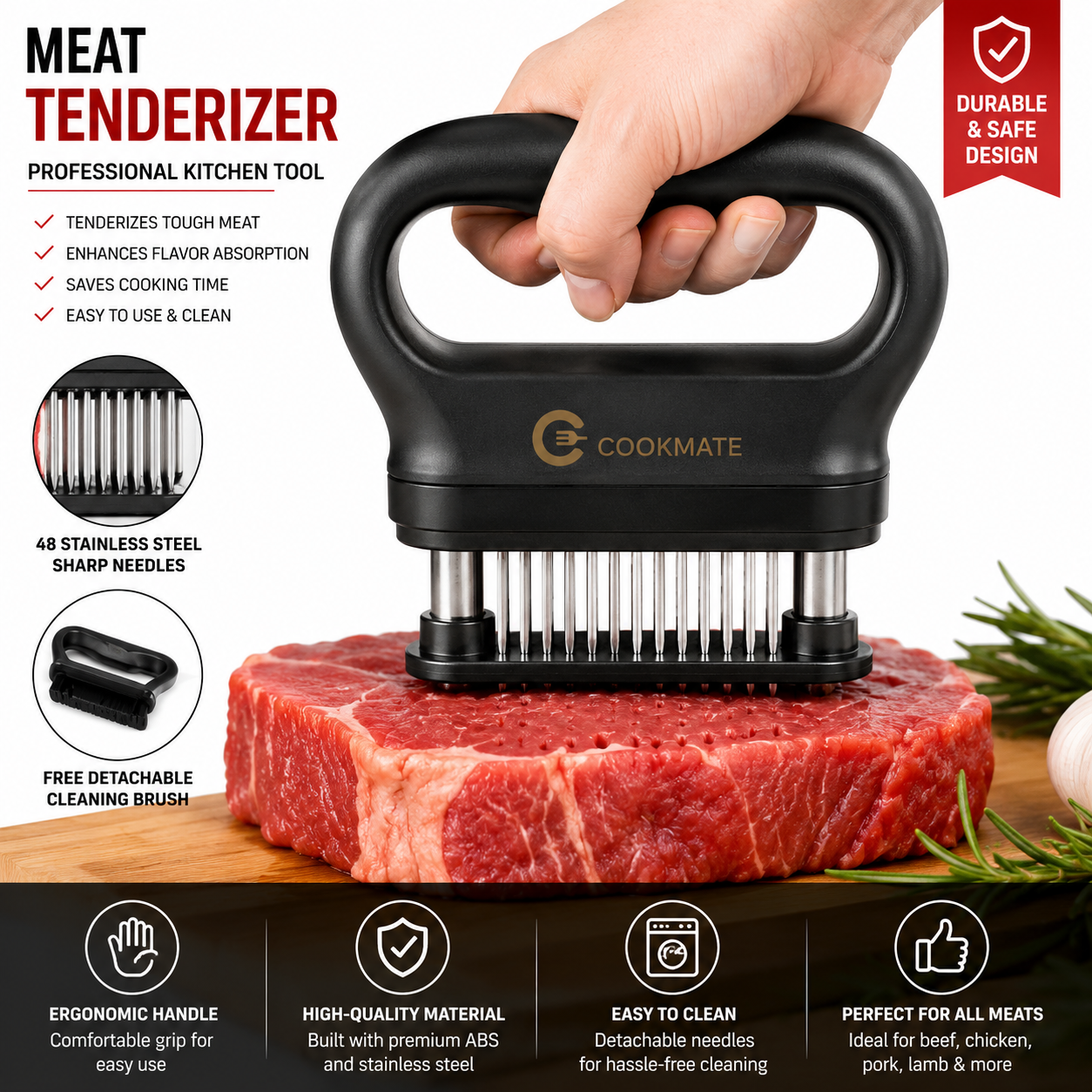 Meat Tenderizer Tool 48 Blades Stainless Steel - Kitchen Cooking Gadgets To...