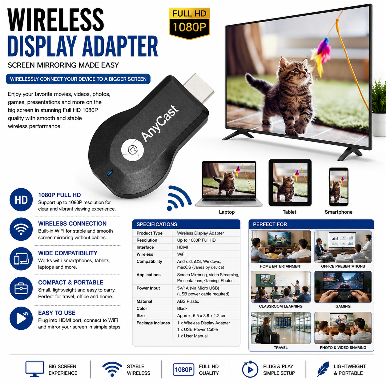 Wireless Display Adapter 1080P Full HD – WiFi Screen Mirroring Dongle for Smartphone, Tablet & Laptop to TV, HDMI Media Receiver
