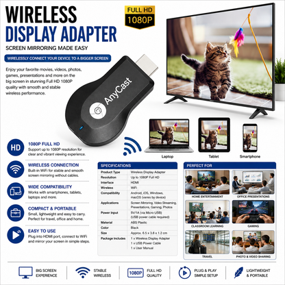 Wireless Display Adapter 1080P Full HD – WiFi Screen Mirroring Dongle for Smartphone, Tablet & Laptop to TV, HDMI Media Receiver