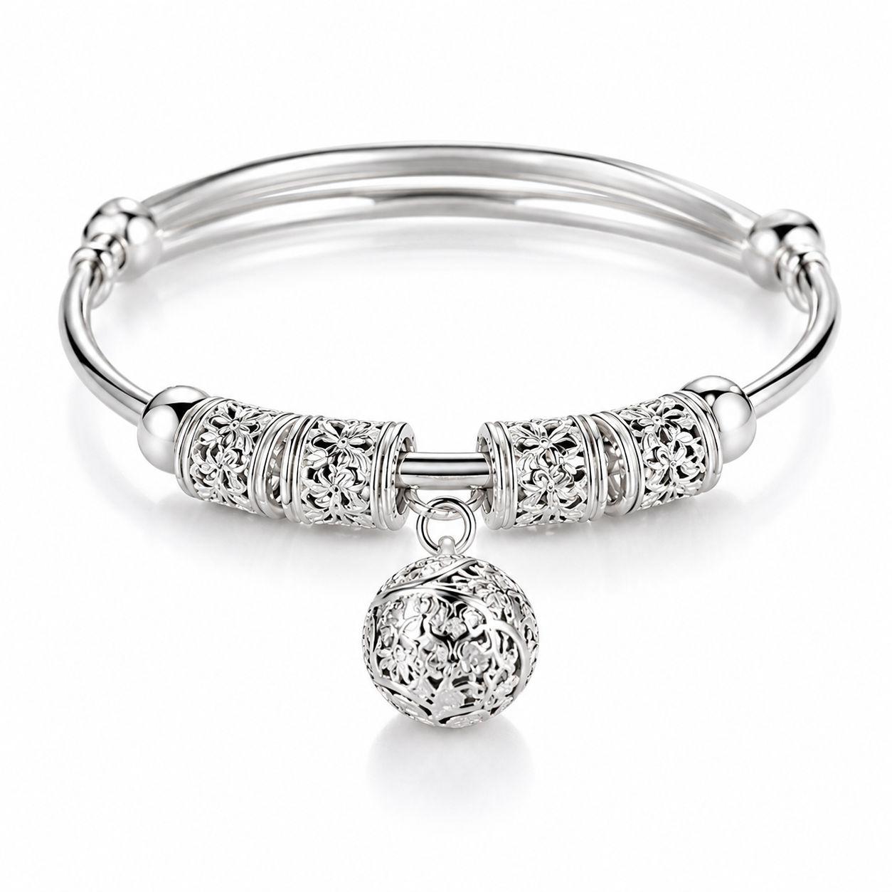 Elegant Silver-Tone Bangle Bracelet with Floral Engraved Design & Round Dangle Charm – Stylish Fashion Jewelry for Women