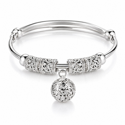 Elegant Silver-Tone Bangle Bracelet with Floral Engraved Design & Round Dangle Charm – Stylish Fashion Jewelry for Women