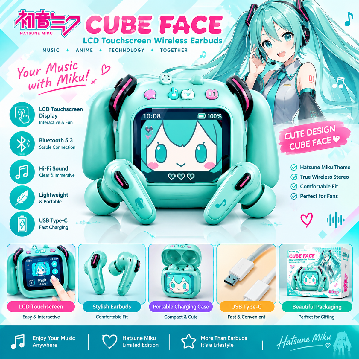 Hatsune Miku CUBE FACE LCD Touchscreen Wireless Bluetooth Earbuds – Cute Anime TWS Earphones with Interactive Display