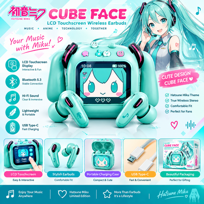Hatsune Miku CUBE FACE LCD Touchscreen Wireless Bluetooth Earbuds – Cute Anime TWS Earphones with Interactive Display