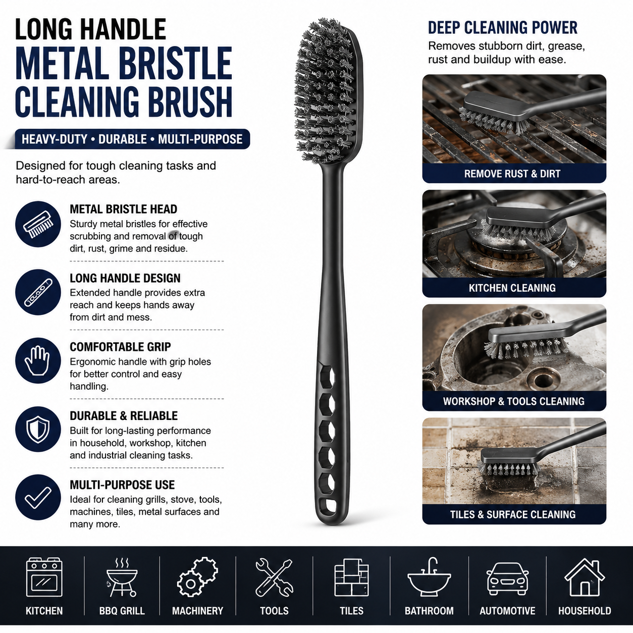 Long Handle Metal Bristle Cleaning Brush – Heavy-Duty Handheld Scrubbing Brush with Ergonomic Grip for Household, Kitchen, Workshop & General Cleaning