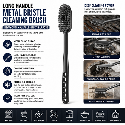 Long Handle Metal Bristle Cleaning Brush – Heavy-Duty Handheld Scrubbing Brush with Ergonomic Grip for Household, Kitchen, Workshop & General Cleaning