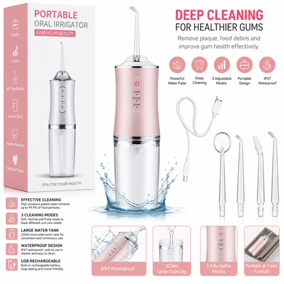 Portable Cordless Oral Irrigator Water Flosser – Rechargeable Dental Cleaner with Multiple Nozzles