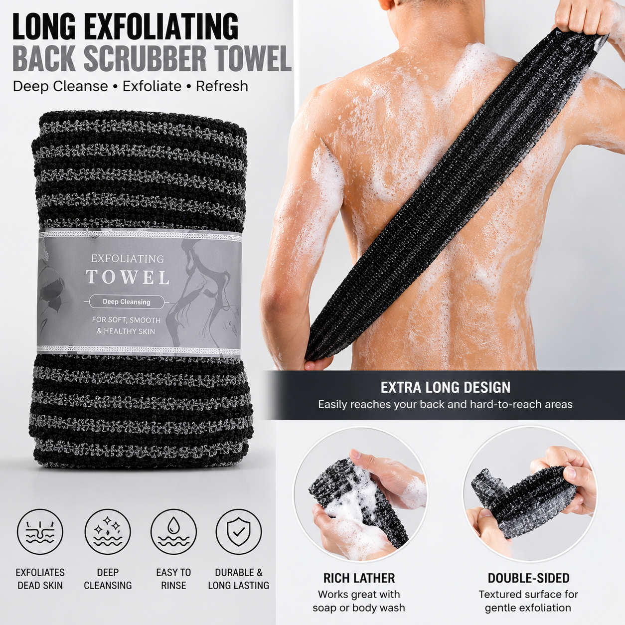 Long Exfoliating Back Scrubber Towel – Double-Sided Bath Shower Body Scrub Cloth
