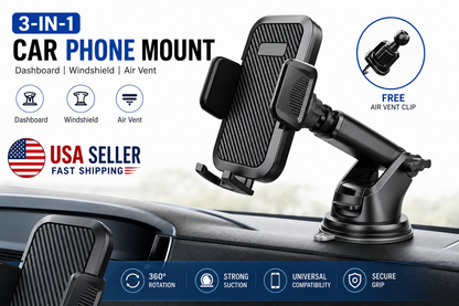 3-in-1 Car Phone Mount 360° Rotating Dashboard Windshield Air Vent Holder