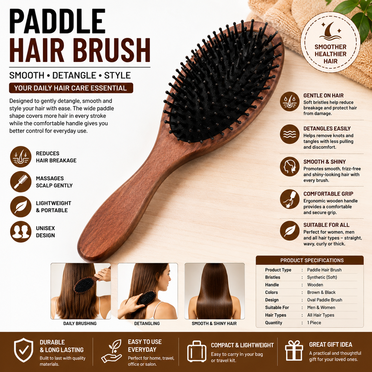 Professional Paddle Hair Brush for Women & Men – Detangling Hairbrush with Soft Bristles, Ergonomic Wooden Handle for Smooth, Shiny & Easy Hair Styling