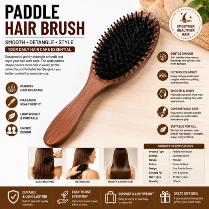 Professional Paddle Hair Brush for Women & Men – Detangling Hairbrush with Soft Bristles, Ergonomic Wooden Handle for Smooth, Shiny & Easy Hair Styling