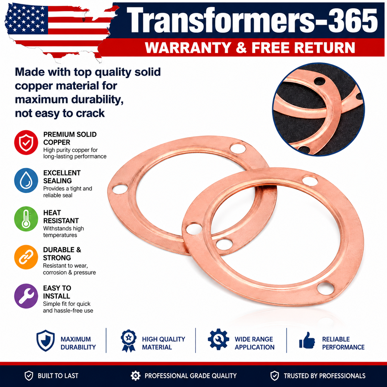 New Set 3" Copper Header Exhaust Collector Gaskets Flanges 3 Bolt Universal