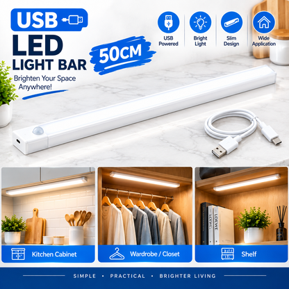 50CM USB LED Under Cabinet Light Bar with Motion Sensor – Slim White Closet, Kitchen, Wardrobe & Shelf Light