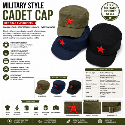 Military Style Cotton Cadet Cap with Red Star Embroidery – Unisex Flat Top Army-Style Hat for Casual Wear, Outdoor Activities & Everyday Fashion