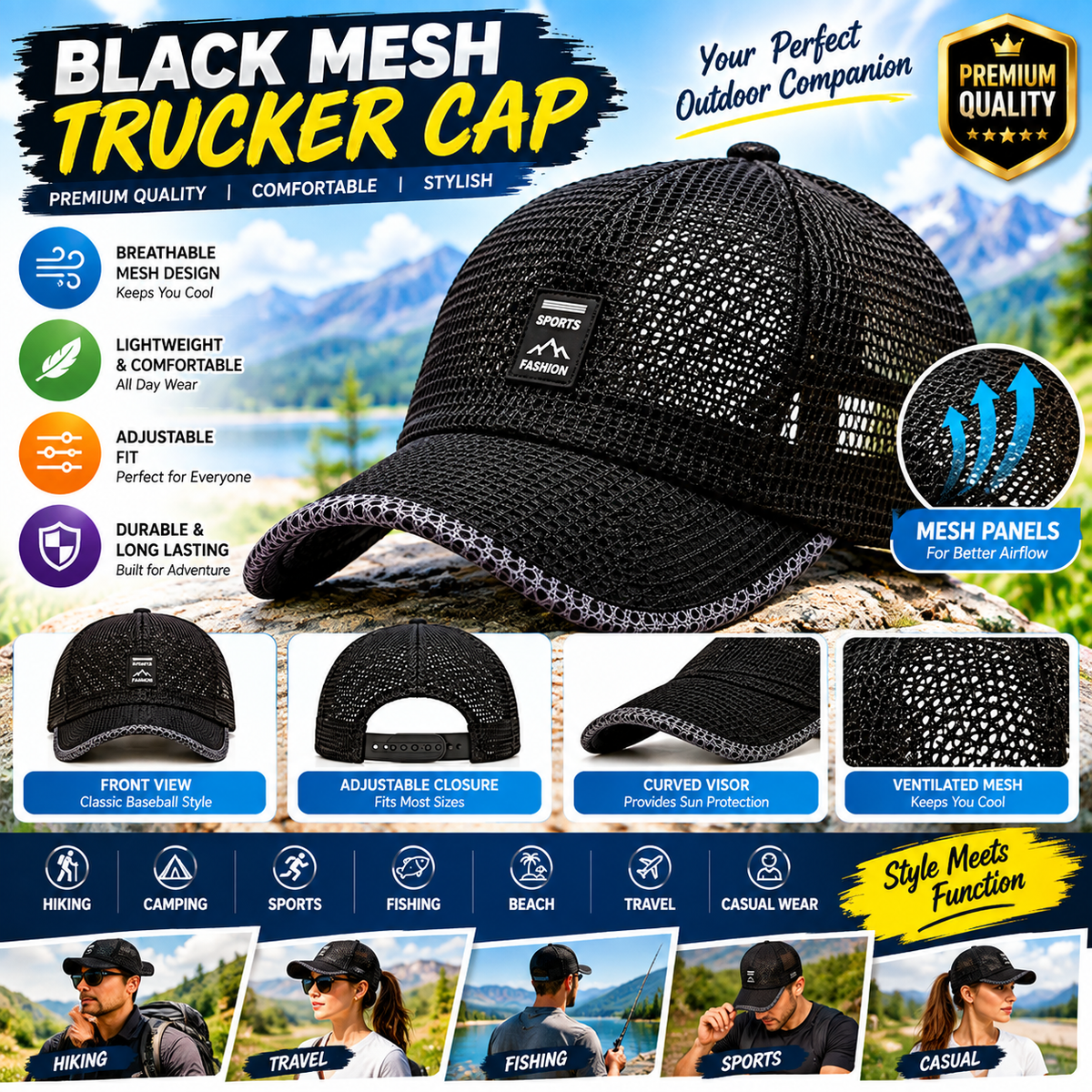 Black Mesh Trucker Cap for Men & Women – Breathable Adjustable Baseball Hat for Outdoor & Casual Wear