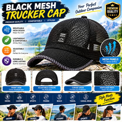 Black Mesh Trucker Cap for Men & Women – Breathable Adjustable Baseball Hat for Outdoor & Casual Wear