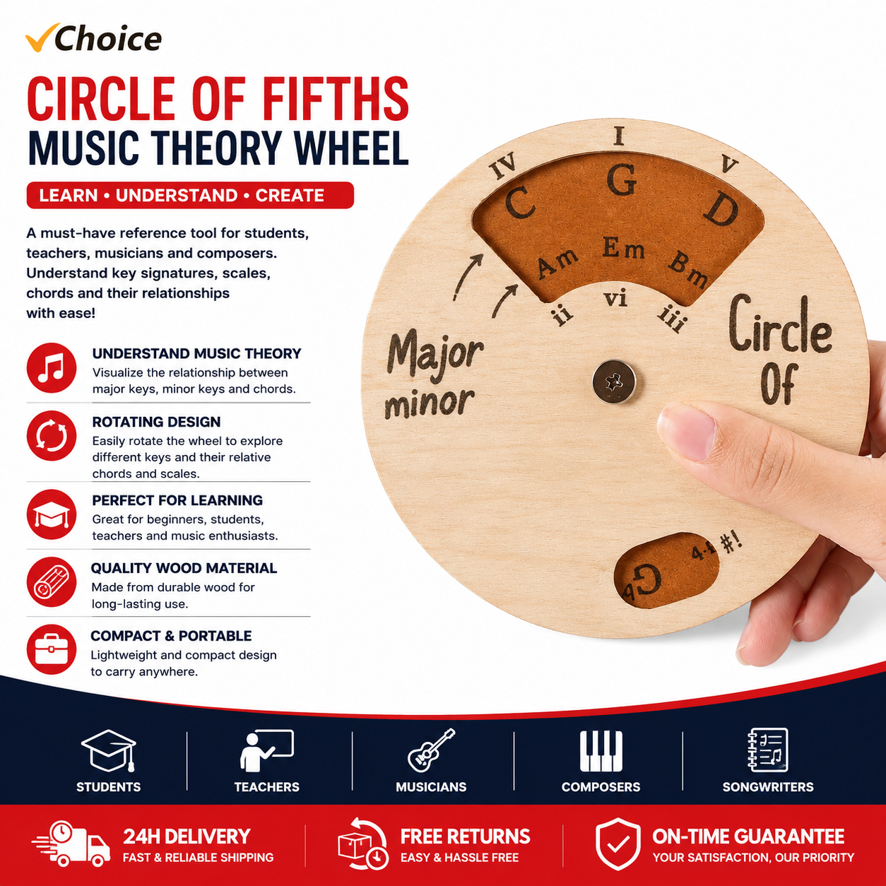 Circle of Fifths Music Theory Wheel – Rotating Wooden Musical Key & Chord Reference Tool for Students, Teachers, Musicians & Beginners