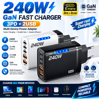 240W GaN Fast Charger 5-Port – 3PD + 2 USB Multi-Device USB-C Power Adapter, EU/US Plug
