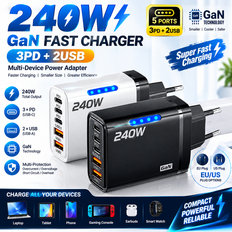 240W GaN Fast Charger 5-Port – 3PD + 2 USB Multi-Device USB-C Power Adapter, EU/US Plug