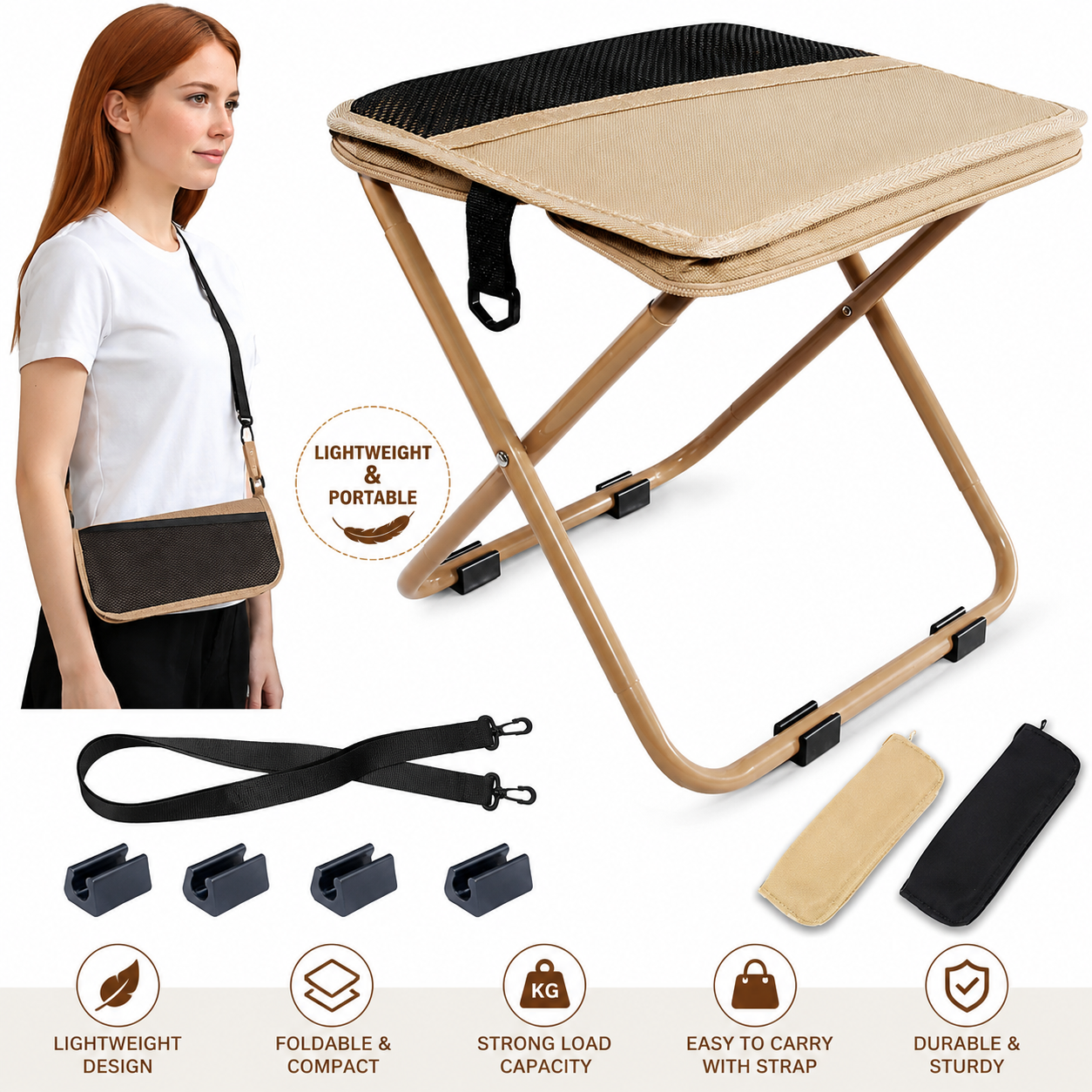 Portable Folding Camping Stool – Lightweight Collapsible Outdoor Seat with Carrying Strap, Padded Top & Compact Foldable Design