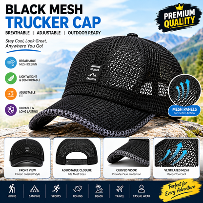 Black Mesh Trucker Cap for Men & Women – Breathable Adjustable Baseball Hat for Outdoor & Casual Wear