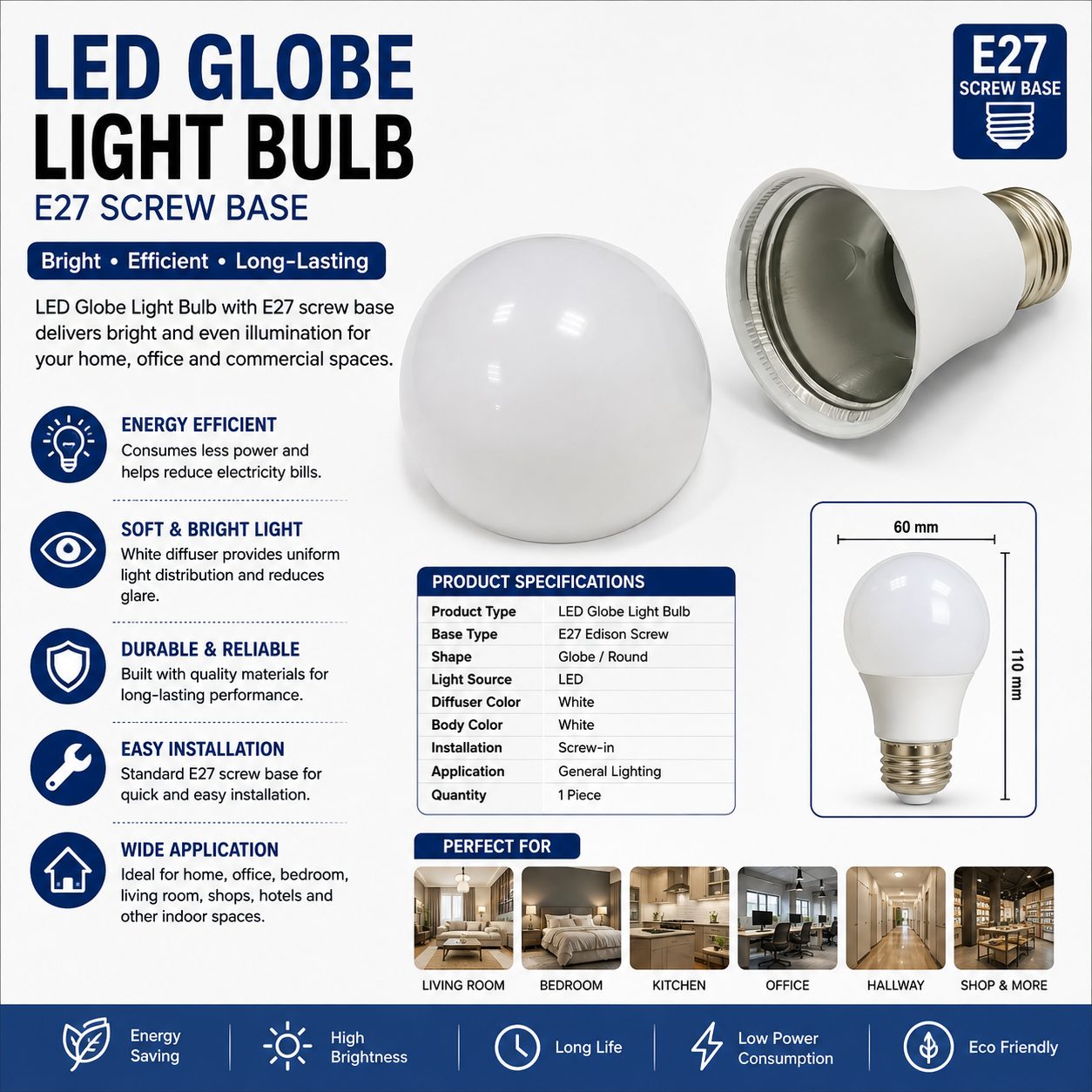 LED Globe Light Bulb with E27 Screw Base – Energy-Efficient White LED Lamp for Home, Office, Bedroom, Living Room & General Lighting