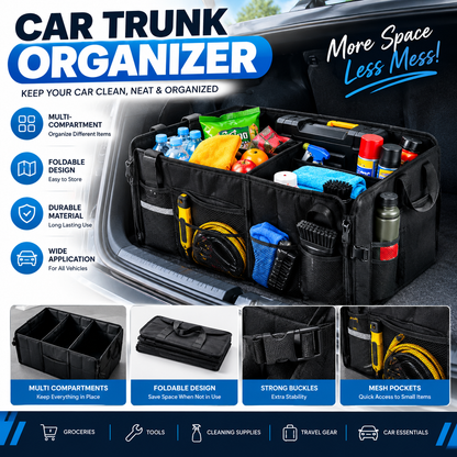 Car Trunk Organizer – Foldable Multi-Compartment Cargo Storage Box for SUV, Sedan, Truck & Travel