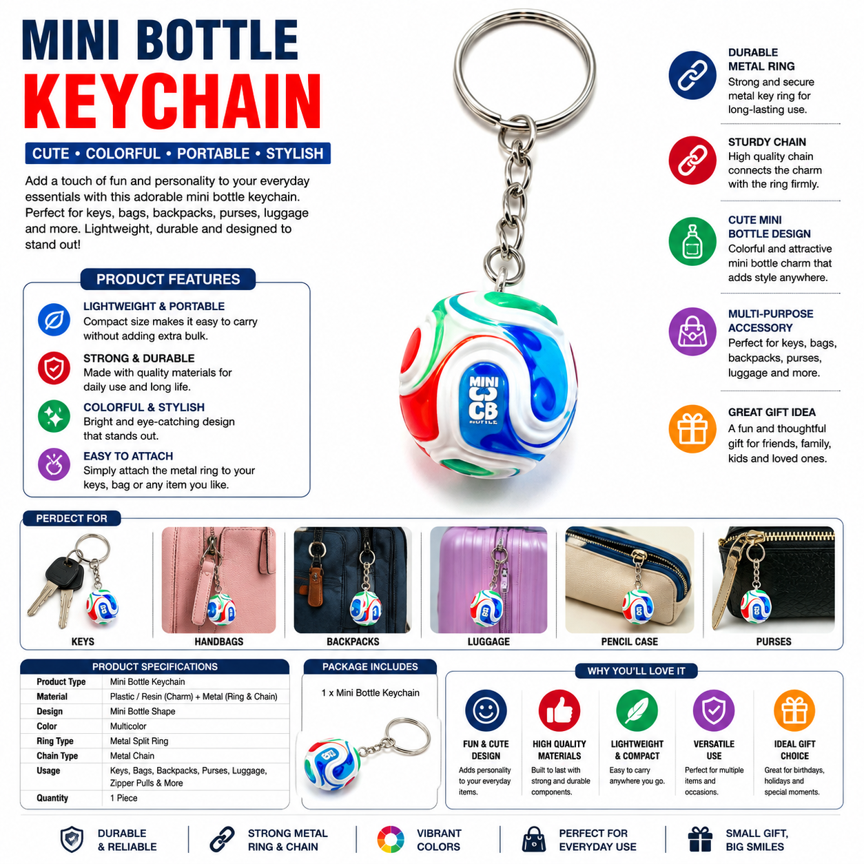 Mini Bottle Keychain with Metal Ring & Chain – Cute Portable Bag Charm, Decorative Key Holder for Keys, Bags, Backpacks & Everyday Accessories