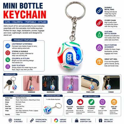 Mini Bottle Keychain with Metal Ring & Chain – Cute Portable Bag Charm, Decorative Key Holder for Keys, Bags, Backpacks & Everyday Accessories