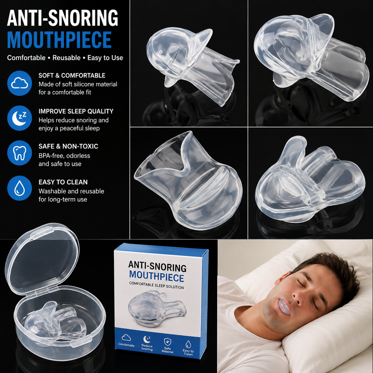Clear Silicone Anti-Snoring Mouthpiece – Soft Reusable Sleep Aid for Comfortable Night Use