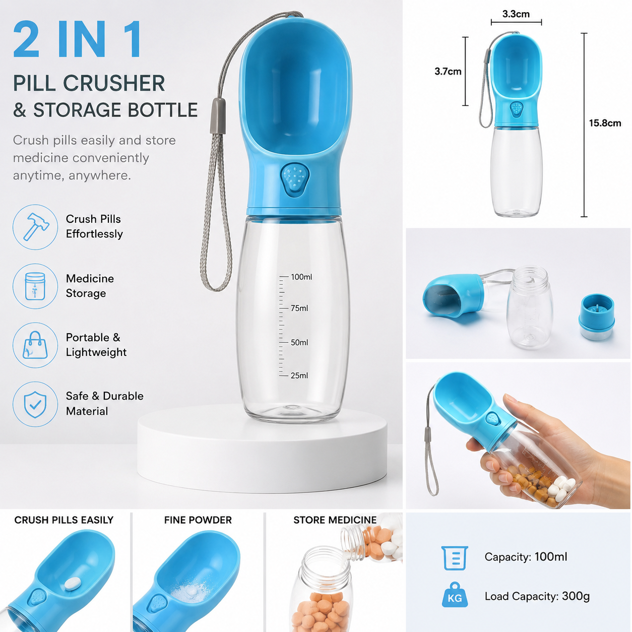 2-in-1 Portable Pill Crusher & Medicine Storage Bottle – 100ml Tablet Pulverizer with 300g Crushing Capacity
