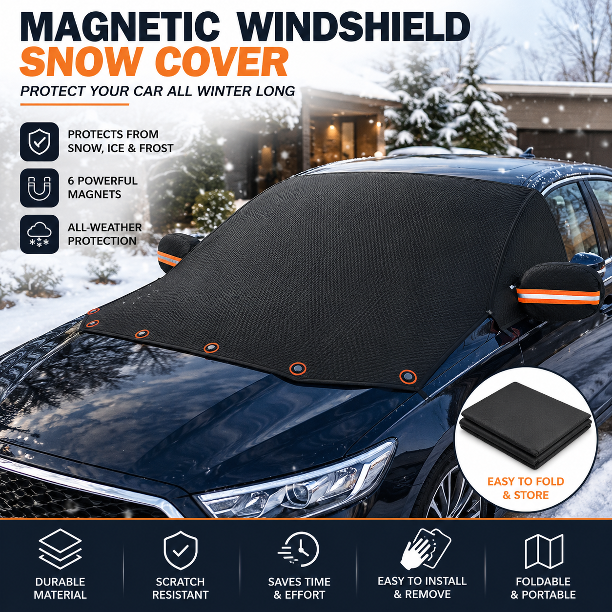 Universal Car Windshield Snow Cover – Winter Frost & Snow Protection Shield with Magnetic Fasteners for Windshield and Vehicle Windows