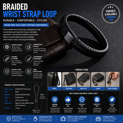 Braided Wrist Strap Loop – Durable Black Hand Strap for Bags, Wallets, Cases, Pouches & Personal Accessories