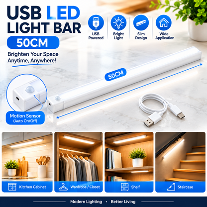 50CM USB LED Under Cabinet Light Bar with Motion Sensor – Slim White Closet, Kitchen, Wardrobe & Shelf Light
