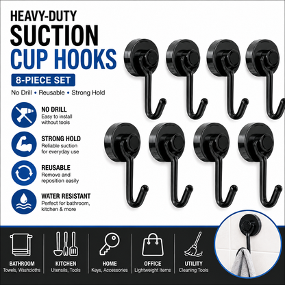 Heavy-Duty Suction Cup Hooks – 8-Piece Set, Reusable Wall Hooks for Bathroom, Kitchen, Home & Office, No-Drill Hanging Organizer