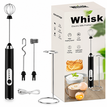 Electric Milk Frother Handheld Coffee Whisk with Stand – Battery Powered Drink Mixer
