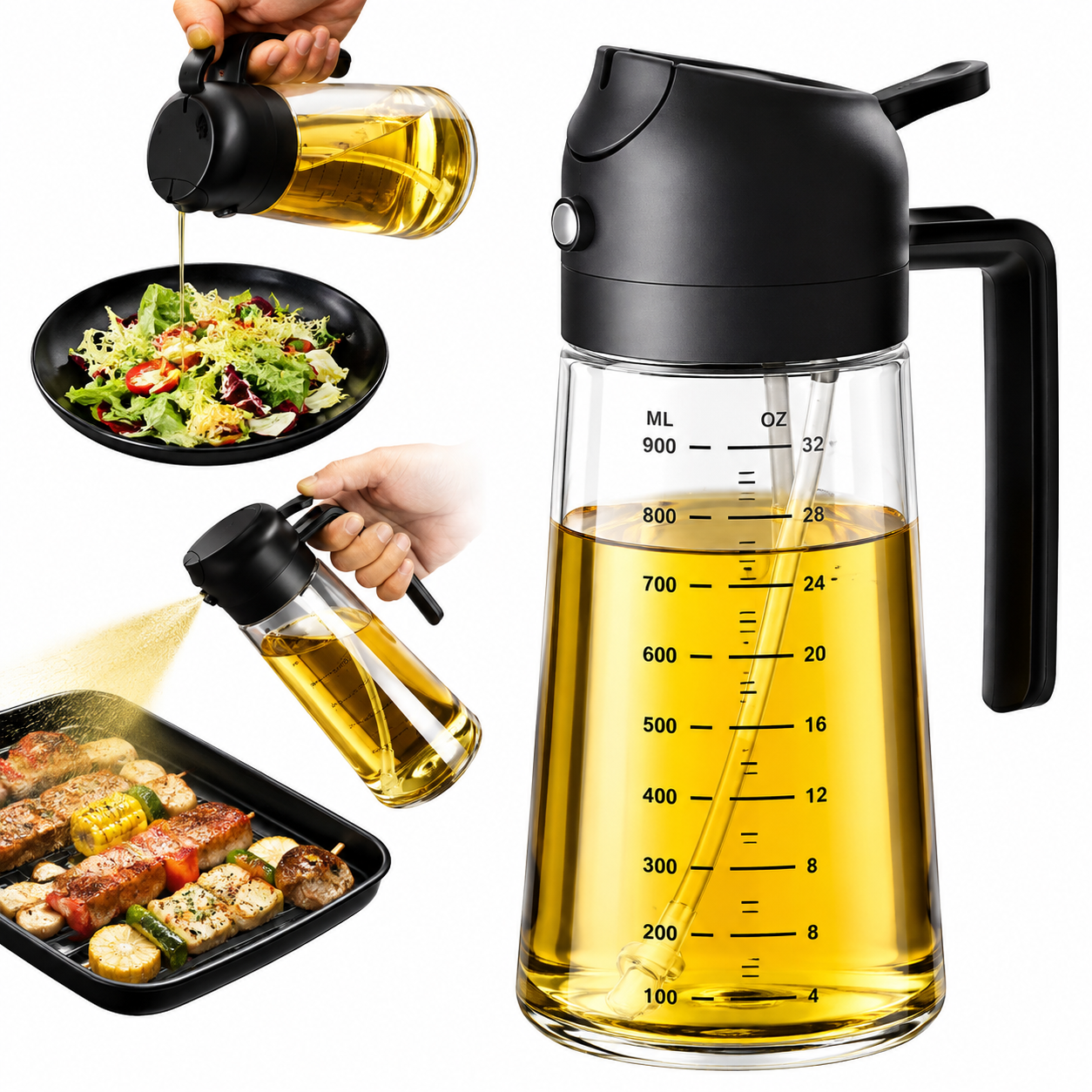 2-in-1 Cooking Oil Sprayer & Dispenser Bottle – Refillable Manual Oil Mister with Handle for Cooking, Grilling, Baking & Salad